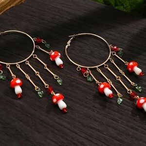 Gold Hoop Earrings with Red and White Mushroom Charms
